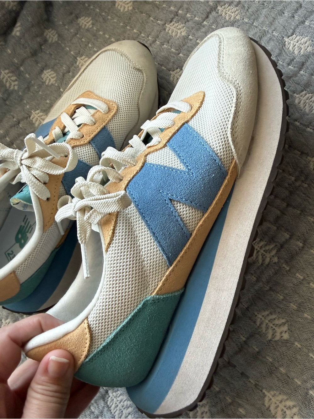 New Balance Women's Retro Runner Sneakers in White, Blue & Tan - Picture 3 of 6